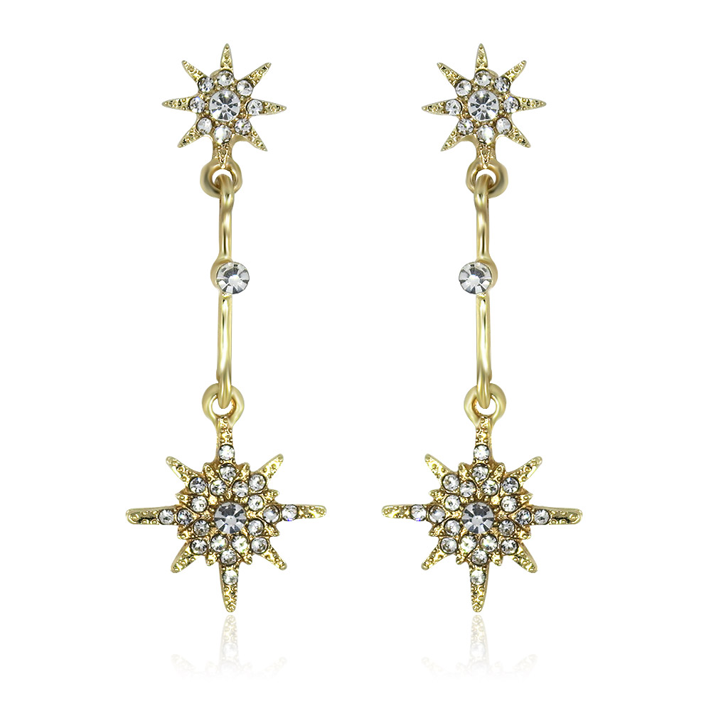 Long Gold Crystal Starburst Earrings